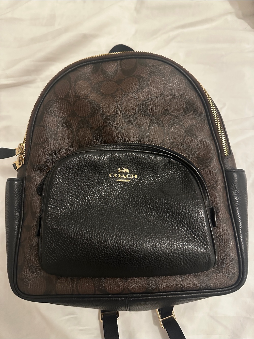 Coach Brown Signature Canvas with Black Leather Front Mini Backpack